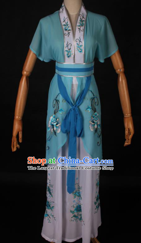 Traditional Chinese Shaoxing Opera Maidservant Light Blue Dress Ancient Peking Opera Poor Lady Costume for Women