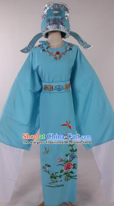 Traditional Chinese Shaoxing Opera Niche Embroidered Peony Blue Robe Ancient Nobility Childe Costume for Men