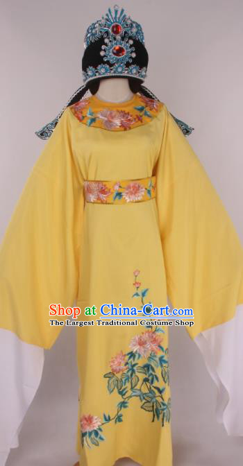 Traditional Chinese Shaoxing Opera Gifted Scholar Yellow Robe Ancient Childe Costume and Hat for Men