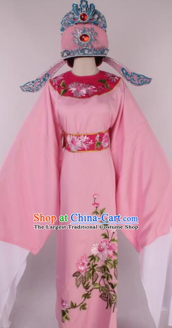 Traditional Chinese Shaoxing Opera Gifted Scholar Pink Robe Ancient Childe Costume and Hat for Men