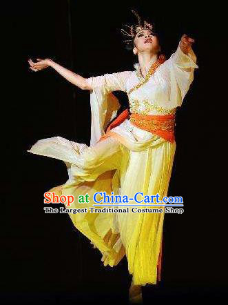 Traditional Chinese Classical Dance Luo Shen Costume Stage Show Beautiful Dance Yellow Dress for Women