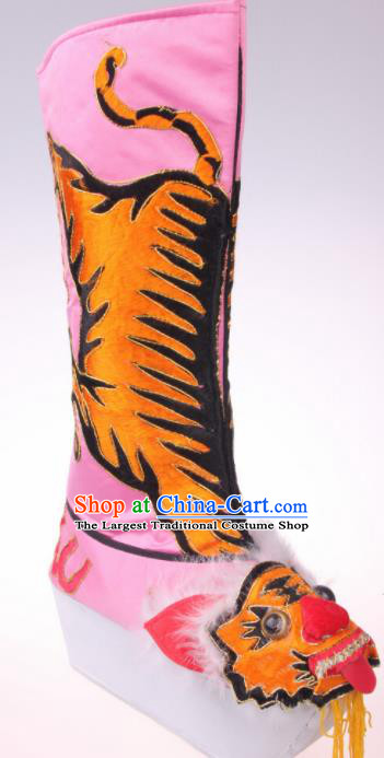 Traditional Chinese Beijing Opera Takefu Pink Boots Handmade Ancient General Tiger Shoes for Men