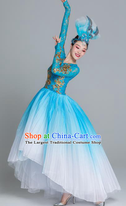 Traditional Chinese Classical Dance Chorus Blue Dress Stage Show Opening Dance Costume for Women