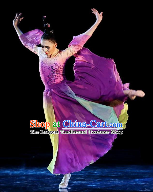 Traditional Chinese Classical Dance Qie Kan Xing Yun Costume Stage Show Beautiful Dance Purple Dress for Women