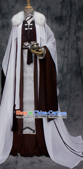 Traditional Chinese Cosplay Swordsman Nobility Childe Brown Costume Ancient Royal Highness Hanfu Clothing for Men