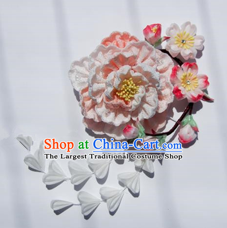 Japanese Geisha Kimono Pink Peony Tassel Hair Claw Hairpins Traditional Hair Accessories for Women