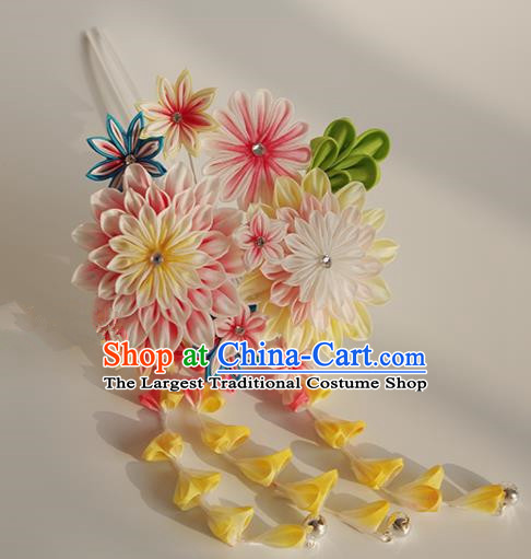 Japanese Geisha Kimono Pink Chrysanthemum Tassel Hairpins Traditional Hair Accessories for Women