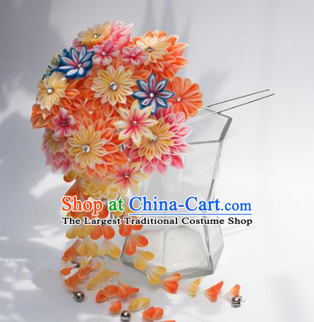 Japanese Geisha Kimono Orange Chrysanthemum Tassel Hairpins Traditional Yamato Hair Accessories for Women