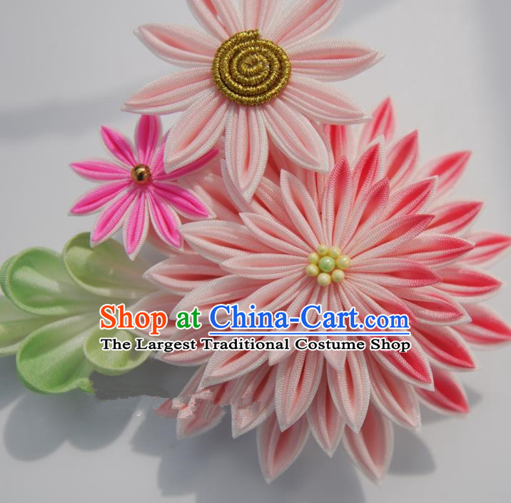 Japanese Geisha Kimono Pink Chrysanthemum Hair Claw Hairpins Traditional Yamato Hair Accessories for Women