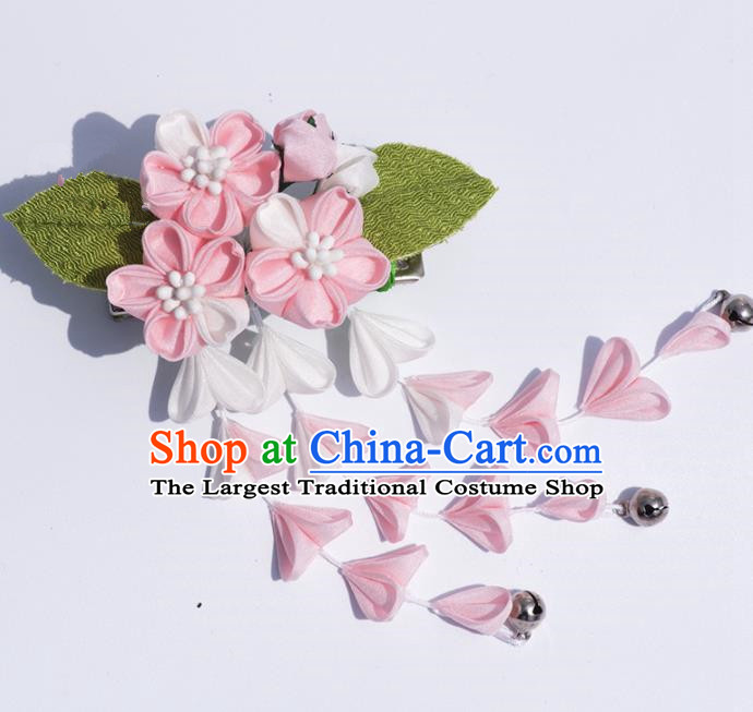 Japanese Geisha Kimono Pink Cherry Blossom Tassel Hair Claw Hairpins Traditional Yamato Hair Accessories for Women