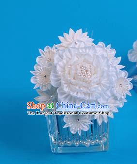 Japanese Geisha Kimono White Peony Hairpins Traditional Yamato Hair Accessories for Women