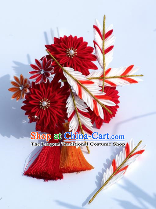 Japanese Geisha Kimono Red Chrysanthemum Tassel Hairpins Traditional Yamato Hair Accessories for Women