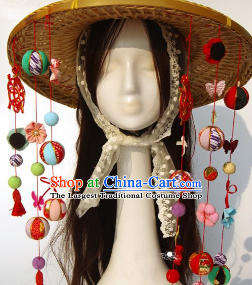 Japanese Geisha Kimono Bamboo Hat Traditional Yamato Sunhat Headwear for Women