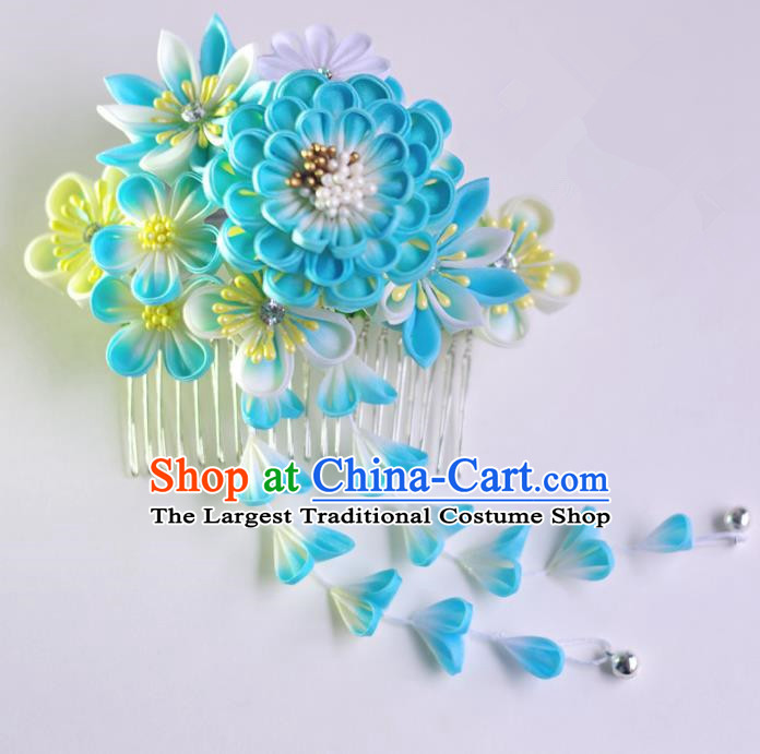 Japanese Geisha Kimono Blue Peony Tassel Hair Comb Hairpins Traditional Yamato Hair Accessories for Women