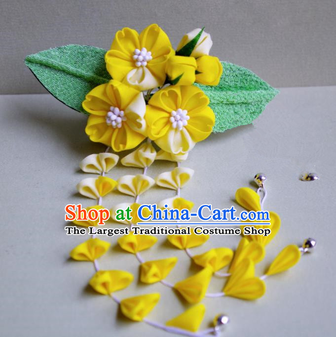 Japanese Geisha Kimono Yellow Sakura Tassel Hair Claw Hairpins Traditional Yamato Hair Accessories for Women