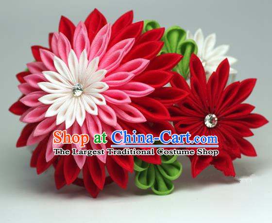 Japanese Geisha Kimono Red Chrysanthemum Hair Comb Hairpins Traditional Yamato Hair Accessories for Women