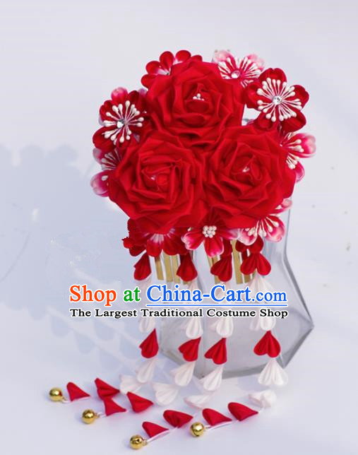 Japanese Geisha Kimono Red Roses Tassel Hairpins Traditional Yamato Hair Accessories for Women