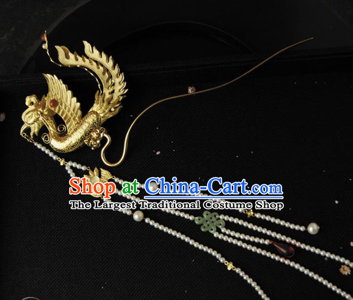 Chinese Ancient Ming Dynasty Golden Phoenix Tassel Hairpins Step Shake Traditional Hanfu Hair Accessories for Women