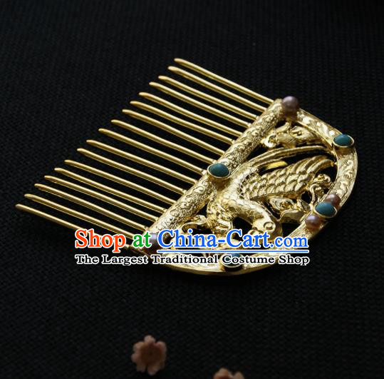 Chinese Ancient Queen Golden Carving Parrot Hair Comb Hairpins Traditional Hanfu Hair Accessories for Women