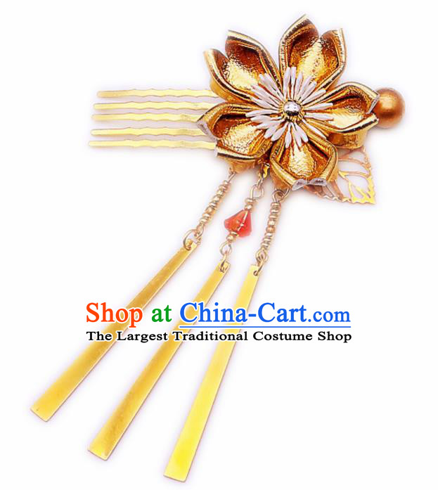 Japanese Geisha Courtesan Kimono Golden Sakura Hair Comb Hairpins Traditional Yamato Hair Accessories for Women