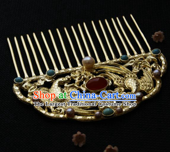 Chinese Ancient Tang Dynasty Queen Golden Parrot Agate Hair Comb Hairpins Traditional Hanfu Hair Accessories for Women