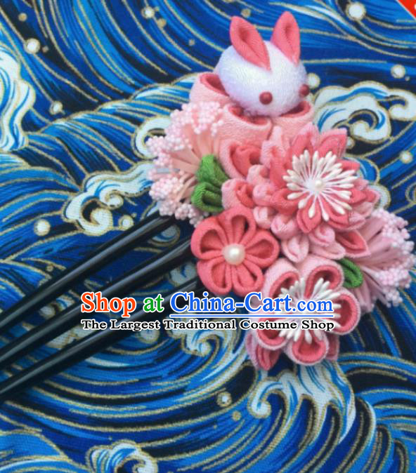 Japanese Geisha Courtesan Kimono Pink Chrysanthemum Rabbit Hairpins Traditional Yamato Hair Accessories for Women