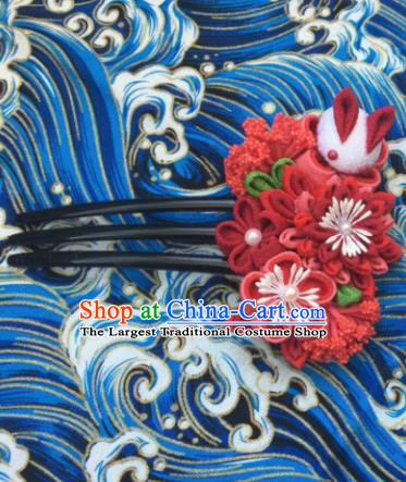 Japanese Geisha Courtesan Kimono Red Chrysanthemum Rabbit Hairpins Traditional Yamato Hair Accessories for Women