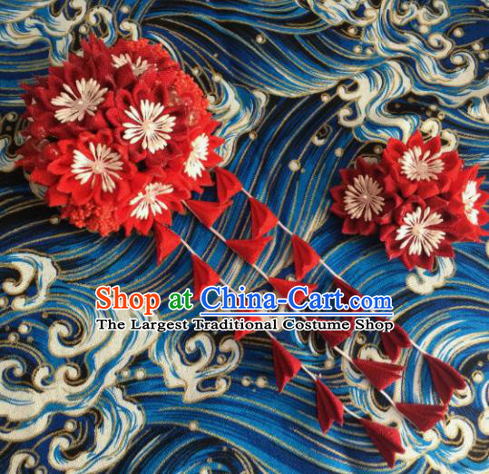 Japanese Geisha Courtesan Kimono Red Sakura Tassel Hair Claw Hairpins Traditional Yamato Hair Accessories for Women