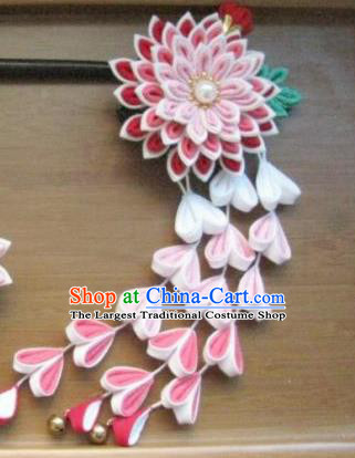 Japanese Geisha Courtesan Pink Chrysanthemum Tassel Hairpins Traditional Yamato Kimono Hair Accessories for Women