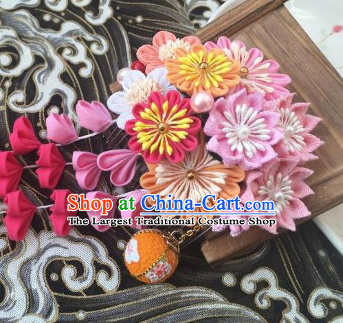 Japanese Geisha Courtesan Kimono Pink Chrysanthemum Tassel Hair Comb Hairpins Traditional Yamato Hair Accessories for Women