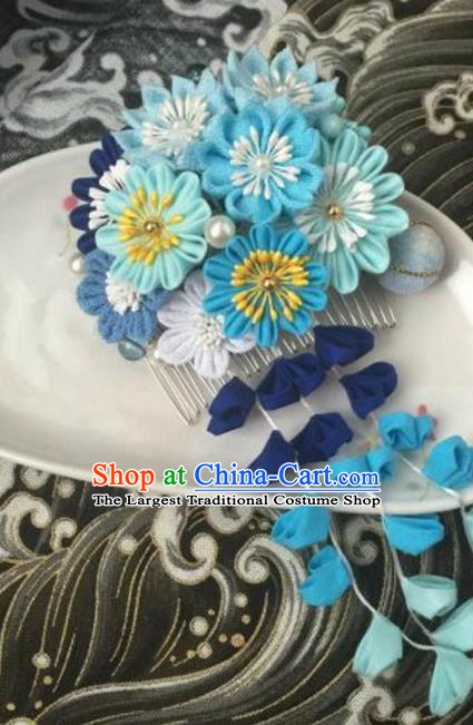 Japanese Geisha Courtesan Kimono Blue Chrysanthemum Tassel Hair Comb Hairpins Traditional Yamato Hair Accessories for Women