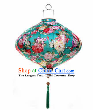 Chinese Traditional Green Silk Hanging Lantern New Year Handmade Painting Peony Palace Lanterns