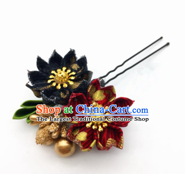 Japanese Geisha Courtesan Kimono Wine Red Sakura Hairpins Traditional Yamato Hair Accessories for Women