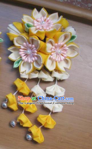 Japanese Geisha Courtesan Yellow Sakura Tassel Hairpins Traditional Yamato Kimono Hair Accessories for Women