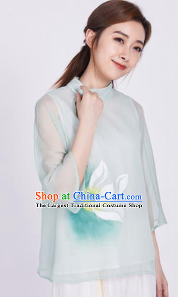 Chinese Traditional Tang Suit Ink Painting Lotus Green Blouse Martial Arts Tai Chi Competition Costume for Women