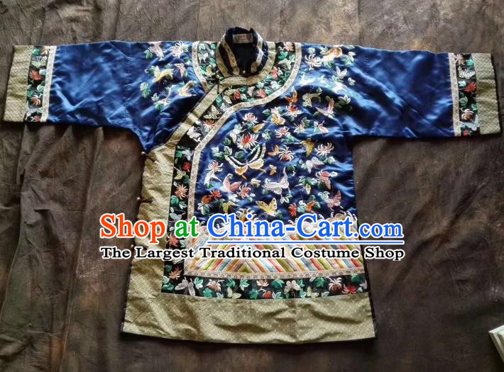 Chinese Traditional Tang Suit Embroidered Butterfly Blue Coat National Costume for Women