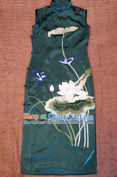 Chinese Traditional Tang Suit Embroidered Lotus Green Cheongsam National Costume Qipao Dress for Women