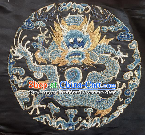 Chinese Handmade Embroidered Blue Dragon Silk Fabric Patch Traditional Embroidery Craft