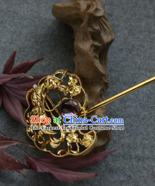 Chinese Ancient Ming Dynasty Queen Amethyst Hairpins Golden Hair Clip Traditional Hanfu Hair Accessories for Women