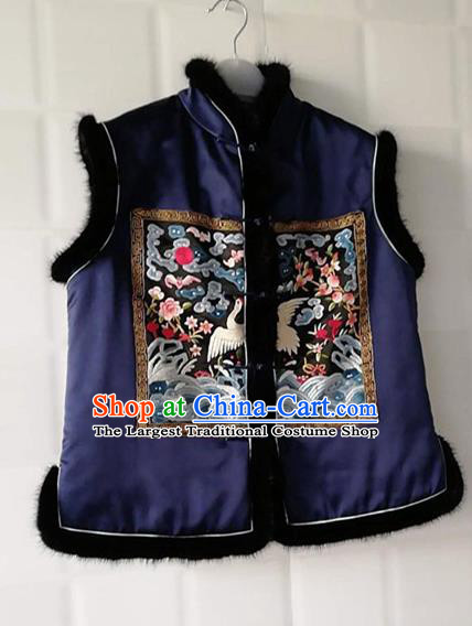 Chinese Traditional Tang Suit Embroidered Crane Navy Vest National Costume Qipao Shirt for Women