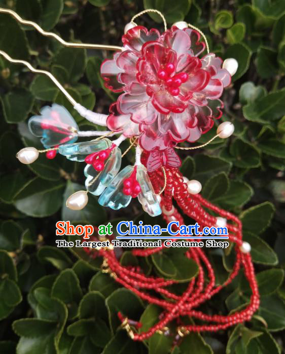 Chinese Ancient Hanfu Red Peony Tassel Hairpins Traditional Handmade Hair Accessories for Women