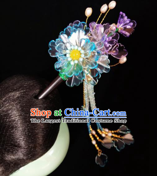 Chinese Ancient Hanfu Blue Flowers Tassel Hairpins Traditional Handmade Hair Accessories for Women