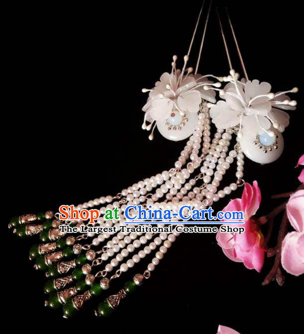 Chinese Ancient Hanfu White Beads Tassel Hairpins Traditional Handmade Hair Accessories for Women