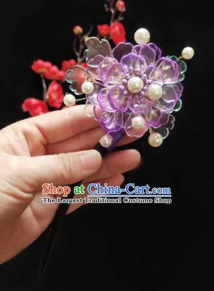 Chinese Ancient Hanfu Purple Flower Sandalwood Hairpins Traditional Handmade Hair Accessories for Women