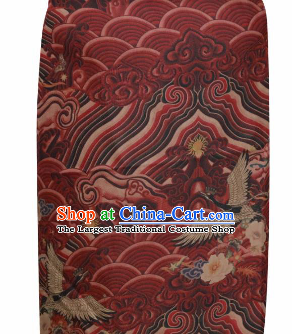 Chinese Traditional Wave Crane Pattern Design Red Satin Brocade Fabric Asian Silk Material