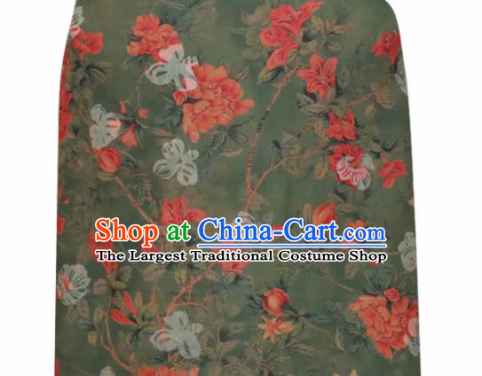 Chinese Traditional Pomegranate Flowers Pattern Design Olive Green Satin Brocade Fabric Asian Silk Material