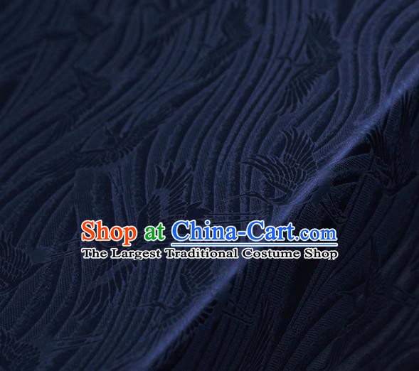 Chinese Traditional Flow Cranes Pattern Design Navy Satin Brocade Fabric Asian Silk Material