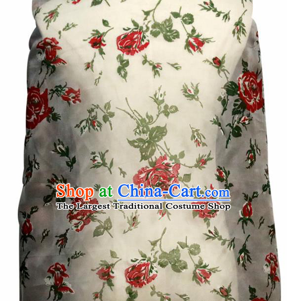 Chinese Traditional Roses Pattern Design Cheongsam White Satin Brocade Fabric Asian Silk Material