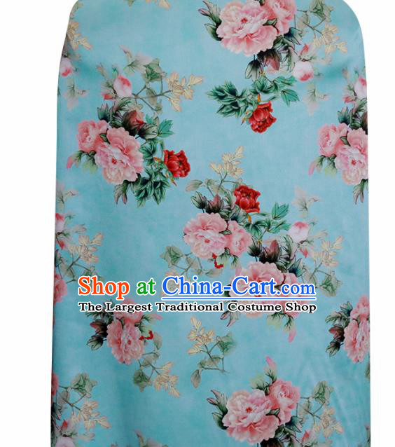 Chinese Traditional Peony Pattern Design Blue Satin Brocade Fabric Asian Silk Material