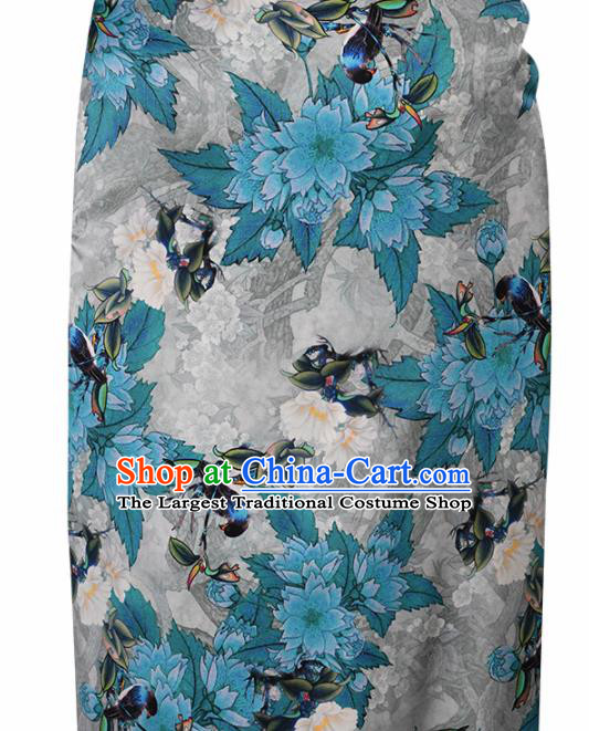 Chinese Traditional Blue Peach Blossom Pattern Design Satin Brocade Fabric Asian Silk Material